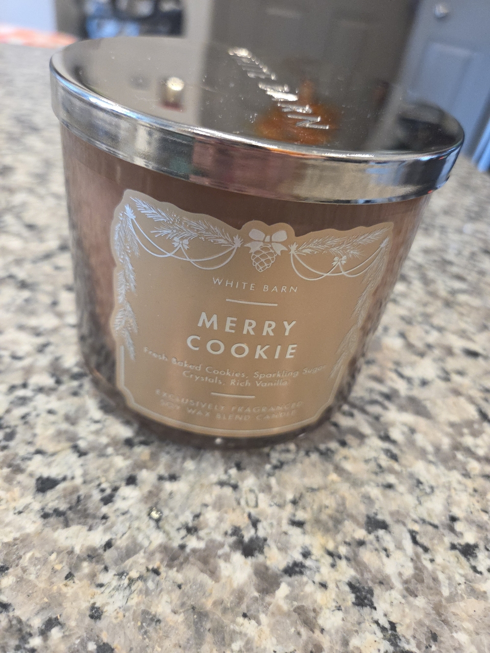 White Barn Merry Cookie Candle - Brown with Silver Lid- NWT